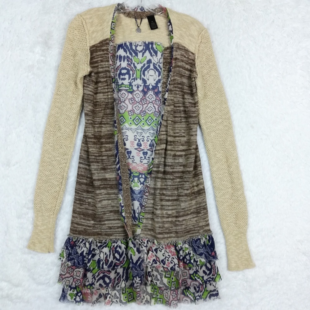 BKE Womens Sweater‎ Cardigan Tunic Boho Open Front Brown Blue Fringe Abstract XS